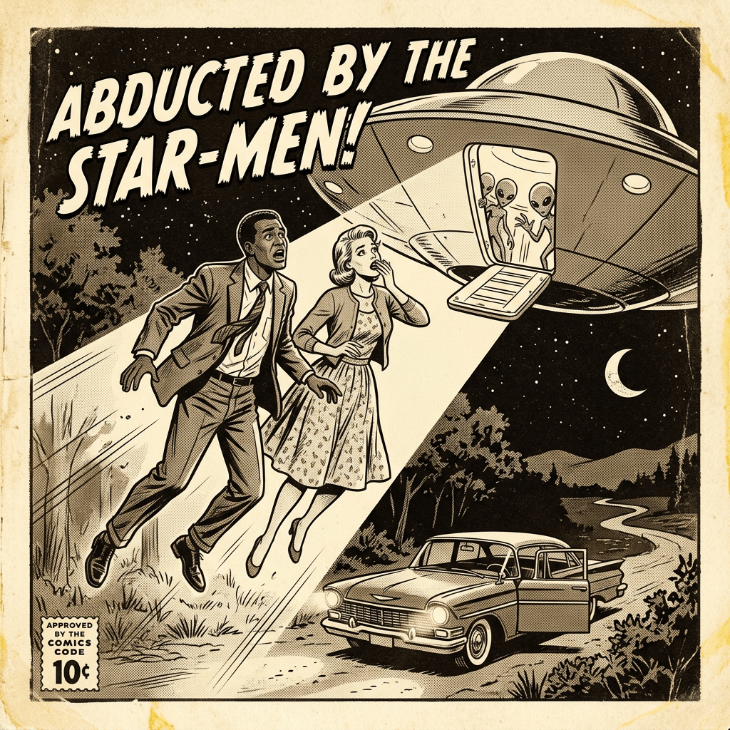 Man and woman being abducted by aliens from a flying saucer at night
