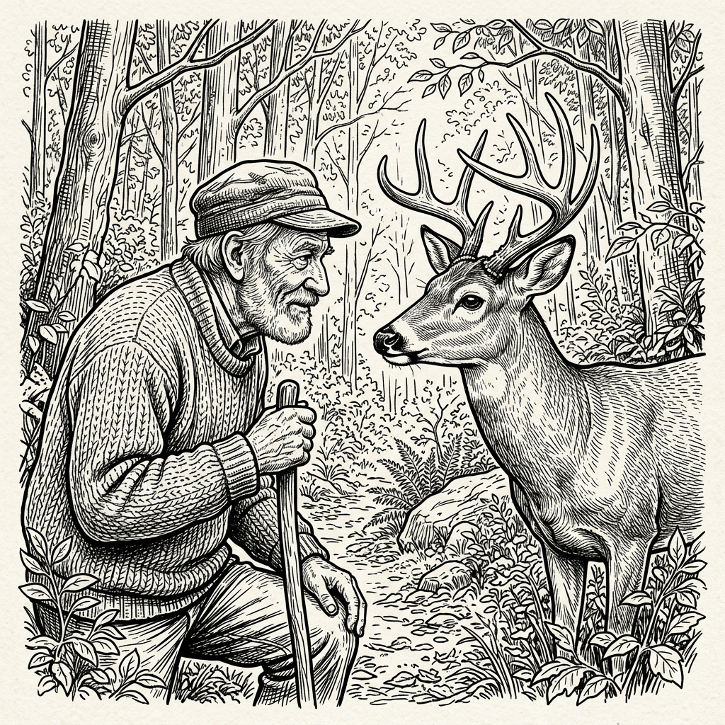 Elderly man with walking stick facing a large antlered deer in dense forest