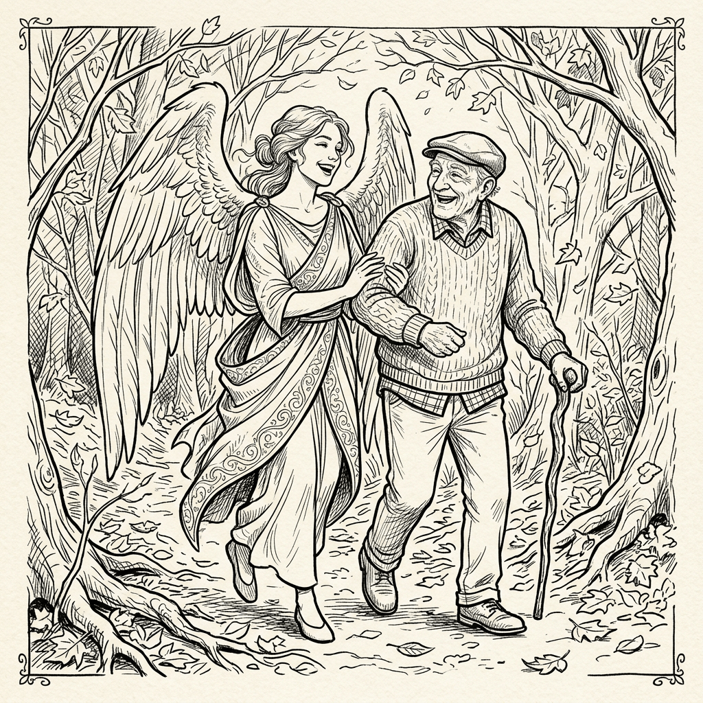 Angel with wings walking alongside elderly man holding cane in forest path