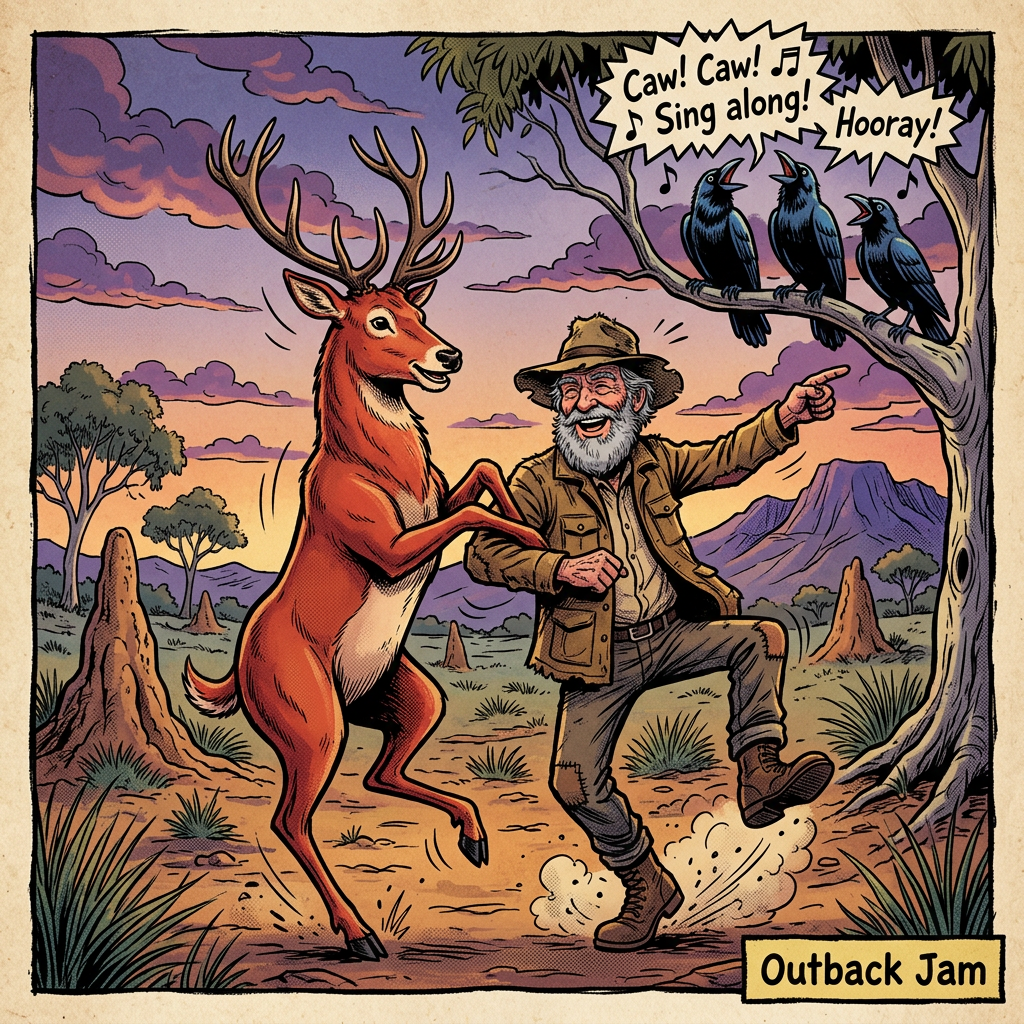 Old man in outback hat, deer dancing, crows singing