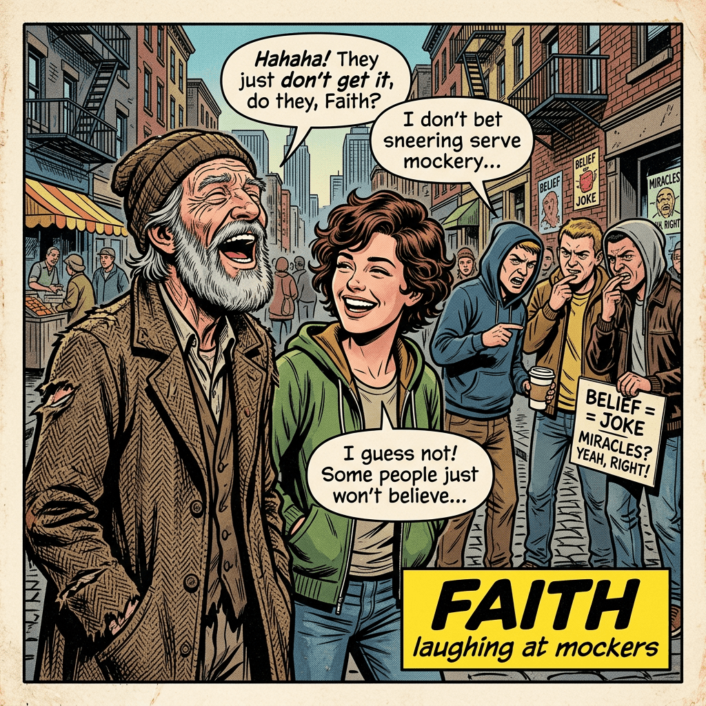 Faith and old man laughing at mockers