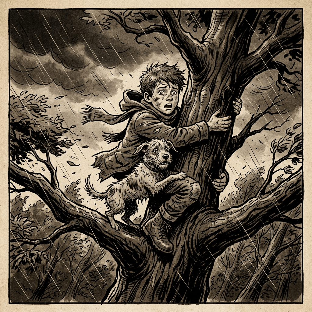 Boy and small dog clutching tree branches in rainstorm with dark clouds
