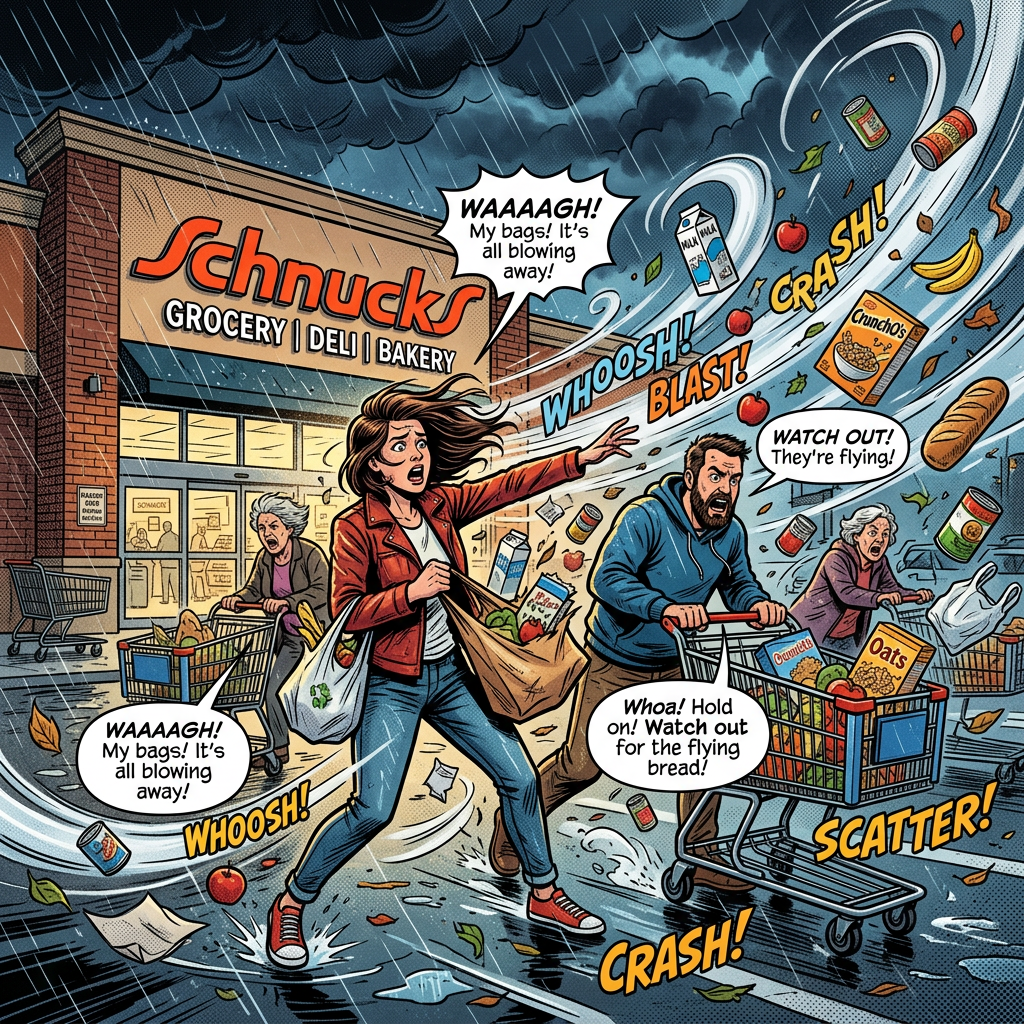 Shoppers outside Schnucks grocery store with bags and groceries blowing in a strong windstorm