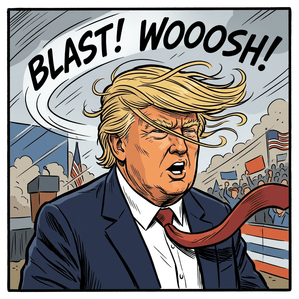 Cartoon of a man with flowing hair and tie, shouting with wind blowing strongly around him at a rally.