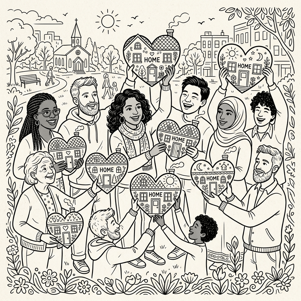 Group of diverse people holding heart-shaped illustrations of houses labeled home