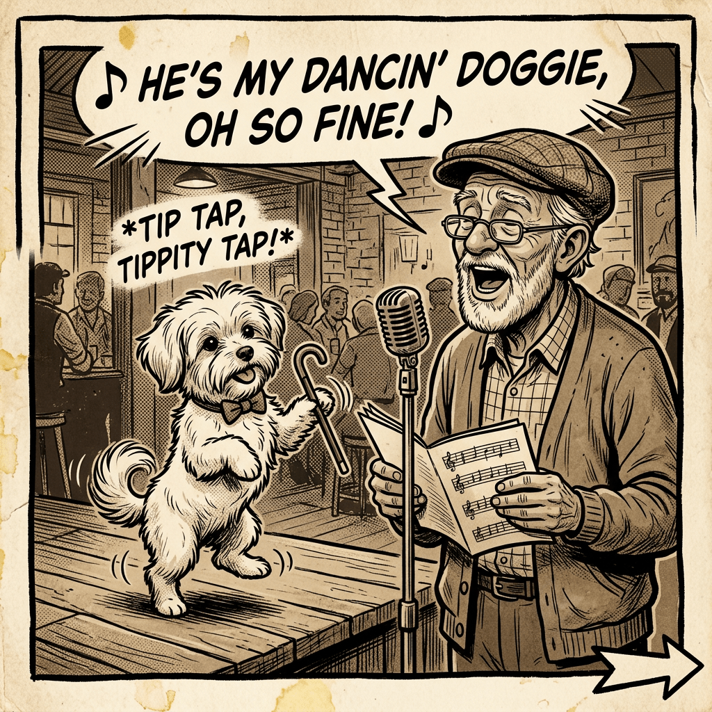 Elderly man singing from music sheet with a small dog dancing on stage tapping a cane