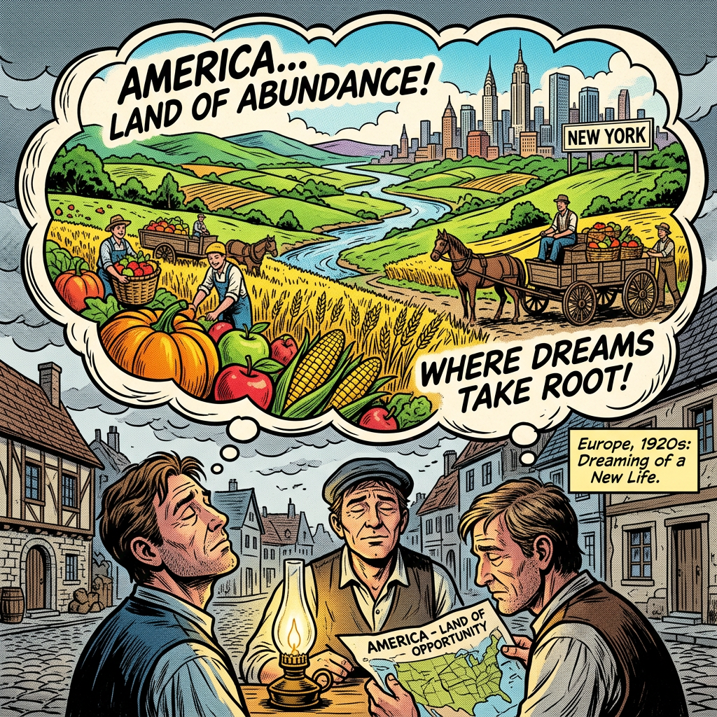 Three men in 1920s European town imagining fertile American farmland and New York City skyline