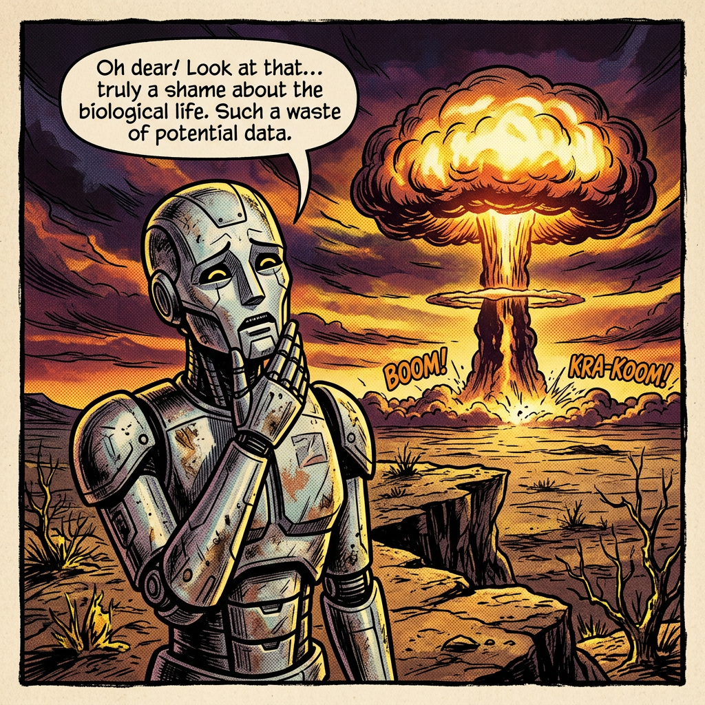 Robot expresses regret about lost biological data while nuclear mushroom cloud erupts