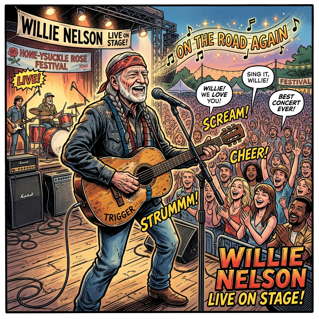 Willie Nelson playing guitar and singing on stage at a music festival with enthusiastic audience cheering