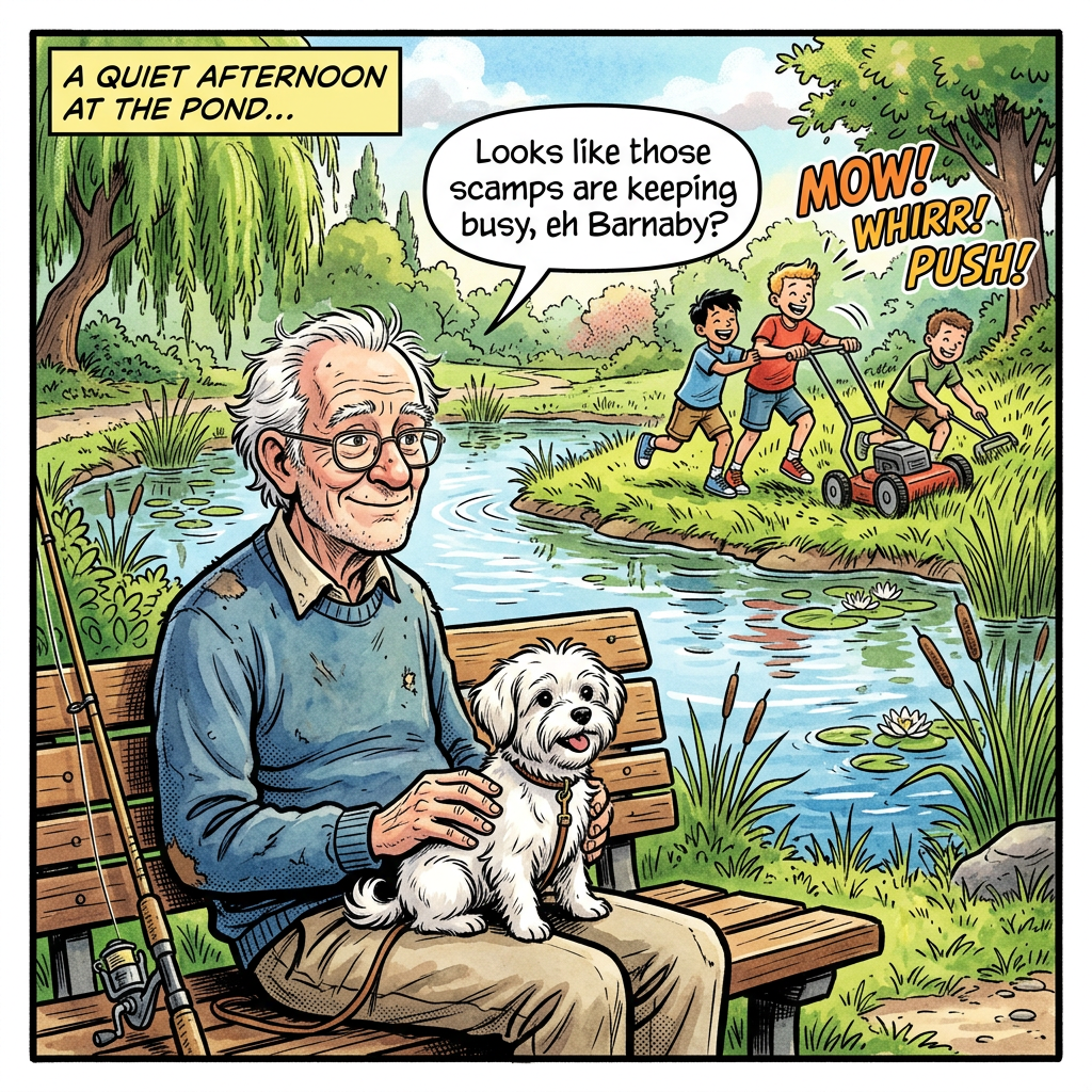 Elderly man sitting on bench with dog by pond watching children mowing and raking grass nearby