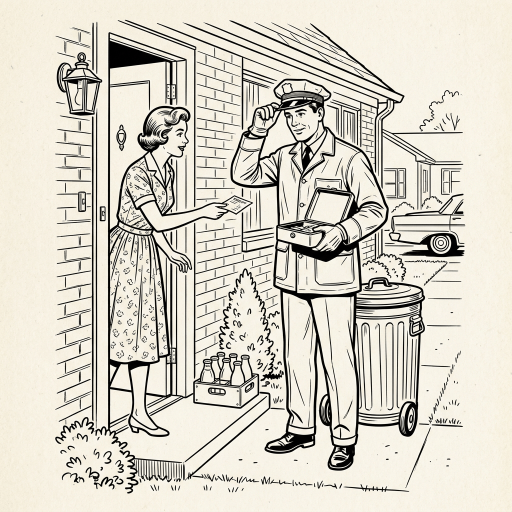 1965 garbage man collecting fee at door