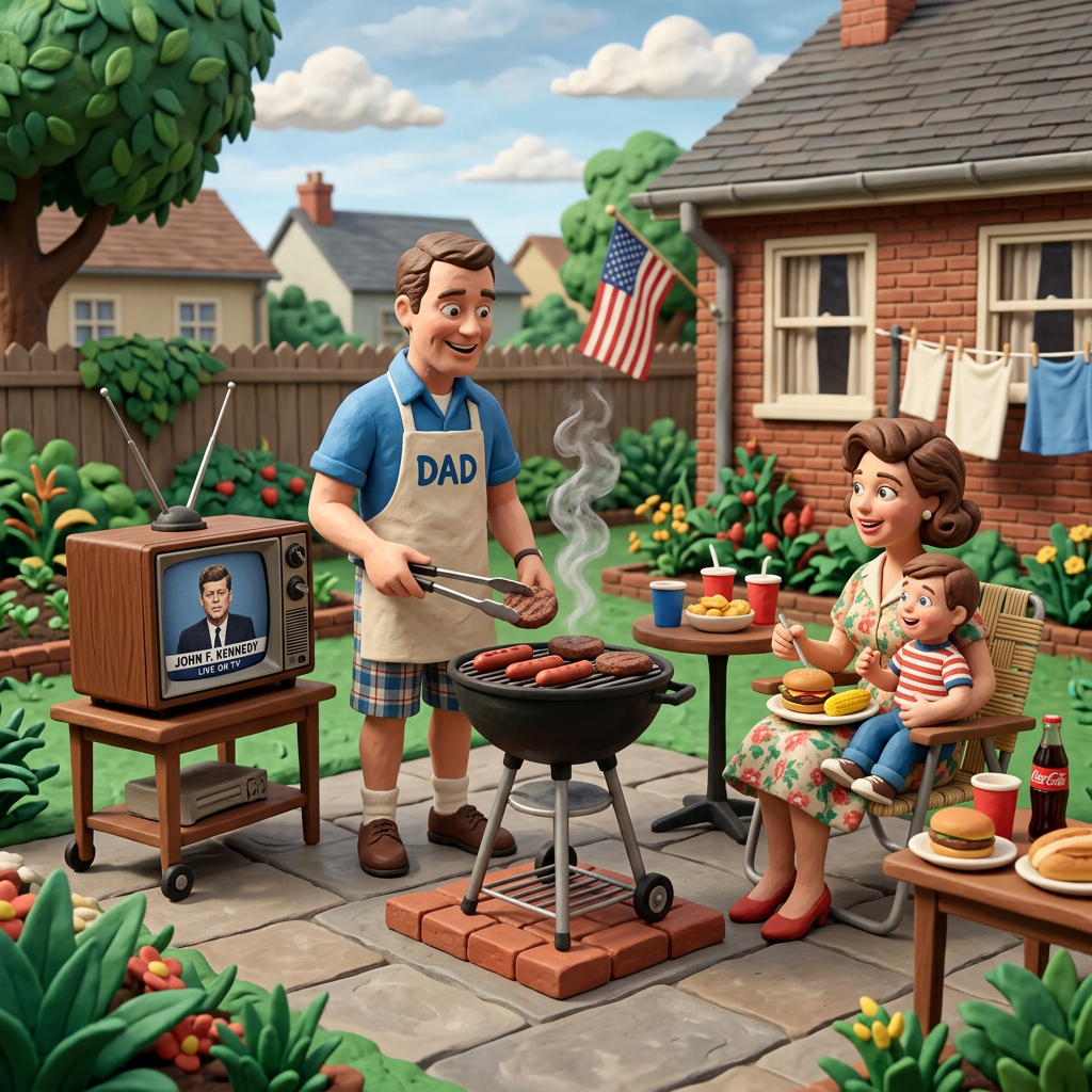 Father grilling burgers and hot dogs, mother and child seated, vintage TV showing John F. Kennedy news