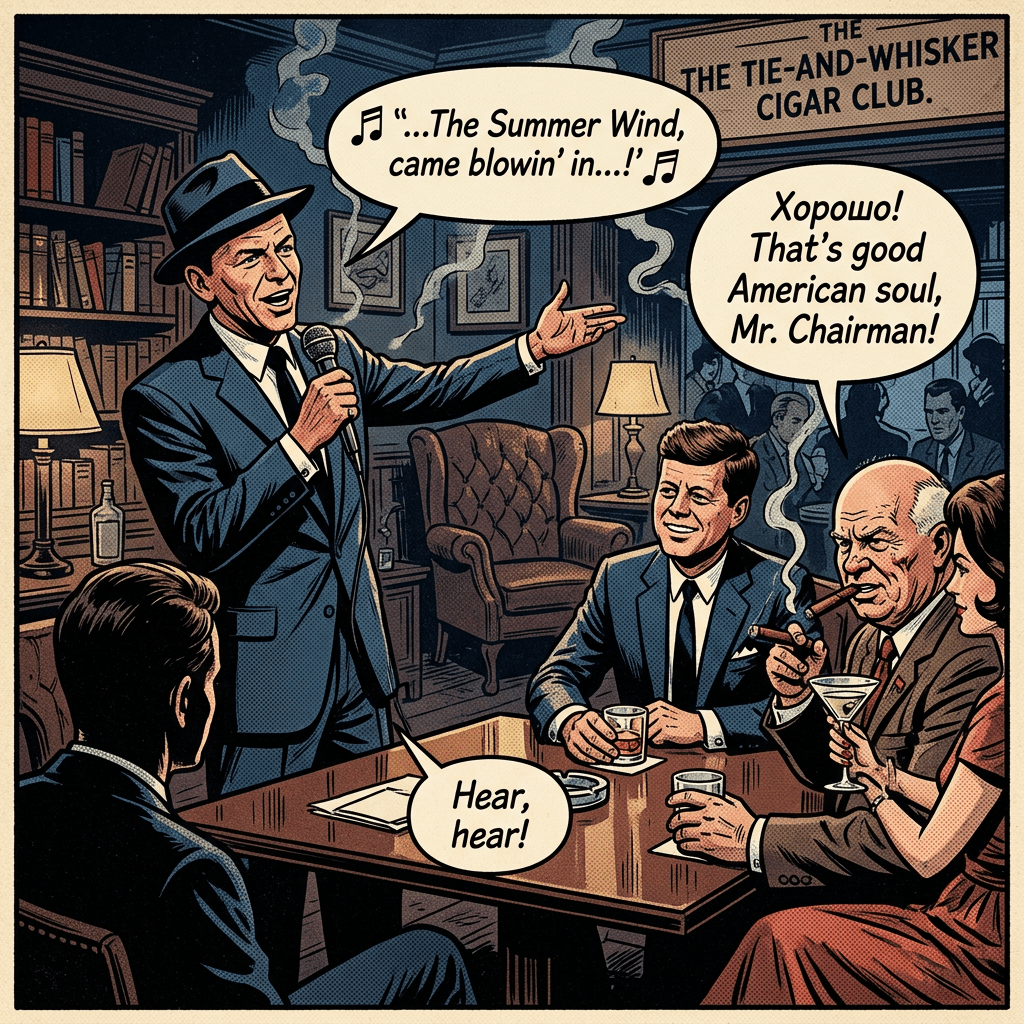 Man in suit singing with microphone in cigar club, others listening with drinks and cigars