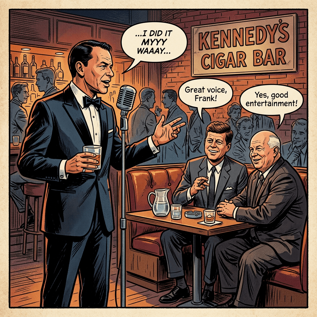 Man singing into microphone at cigar bar with two men praising him