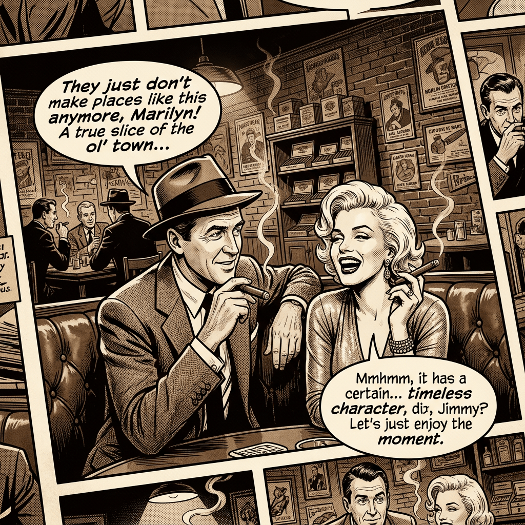 Man and woman smoking cigars and chatting in a vintage bar