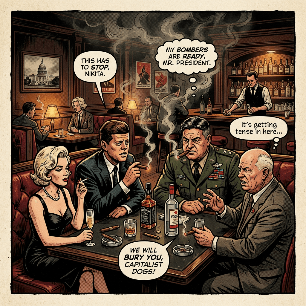 Cold War leaders in a bar discussing nuclear bomb readiness with tense expressions