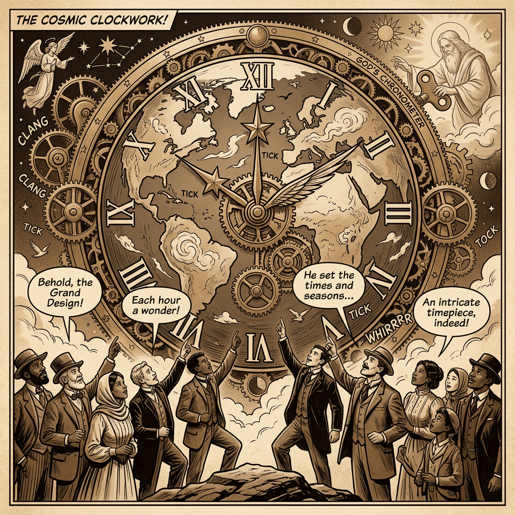 Large cosmic clock with Earth map and roman numerals, surrounded by gears and people pointing, with text bubbles referencing God's design of time