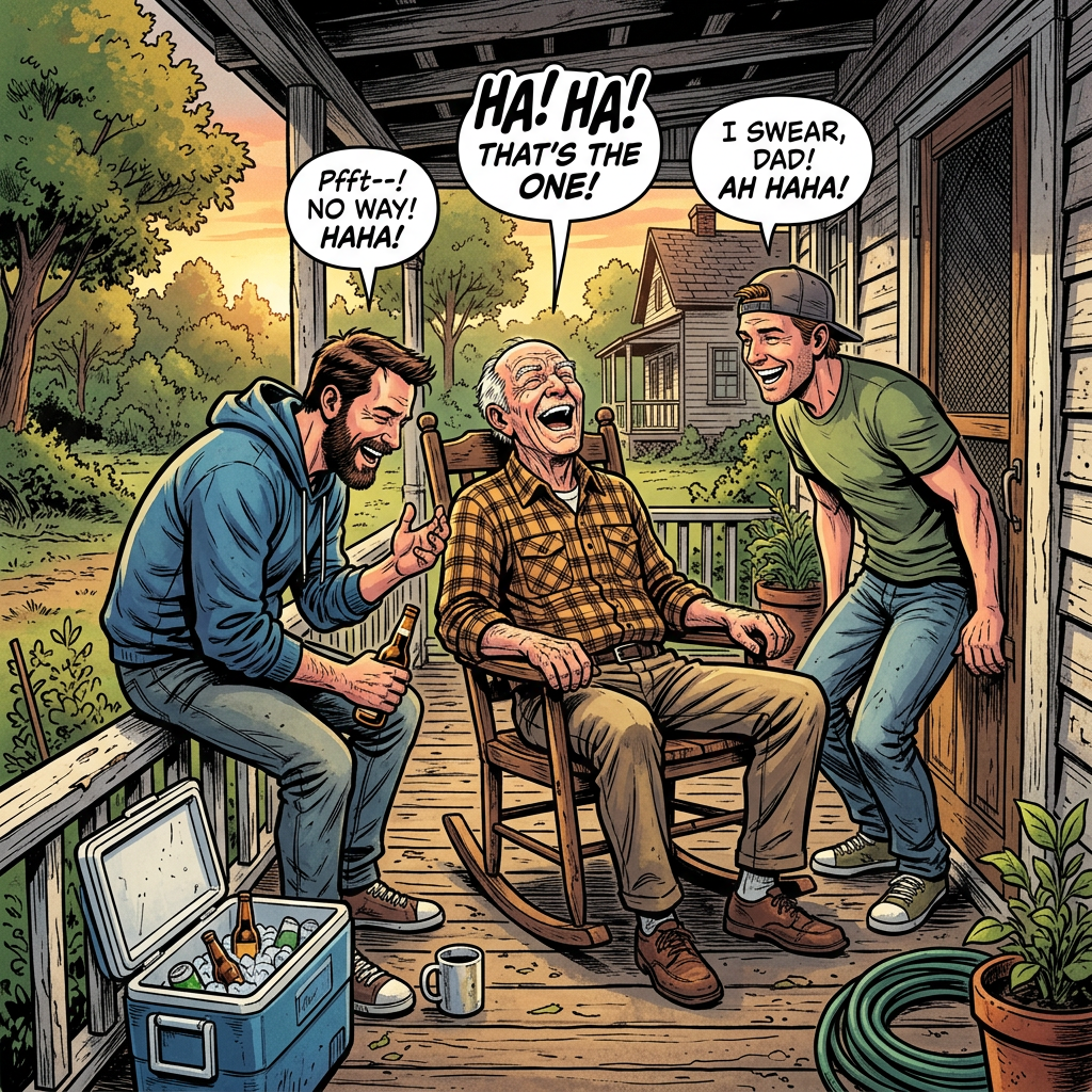 Old man laughing with two sons on porch