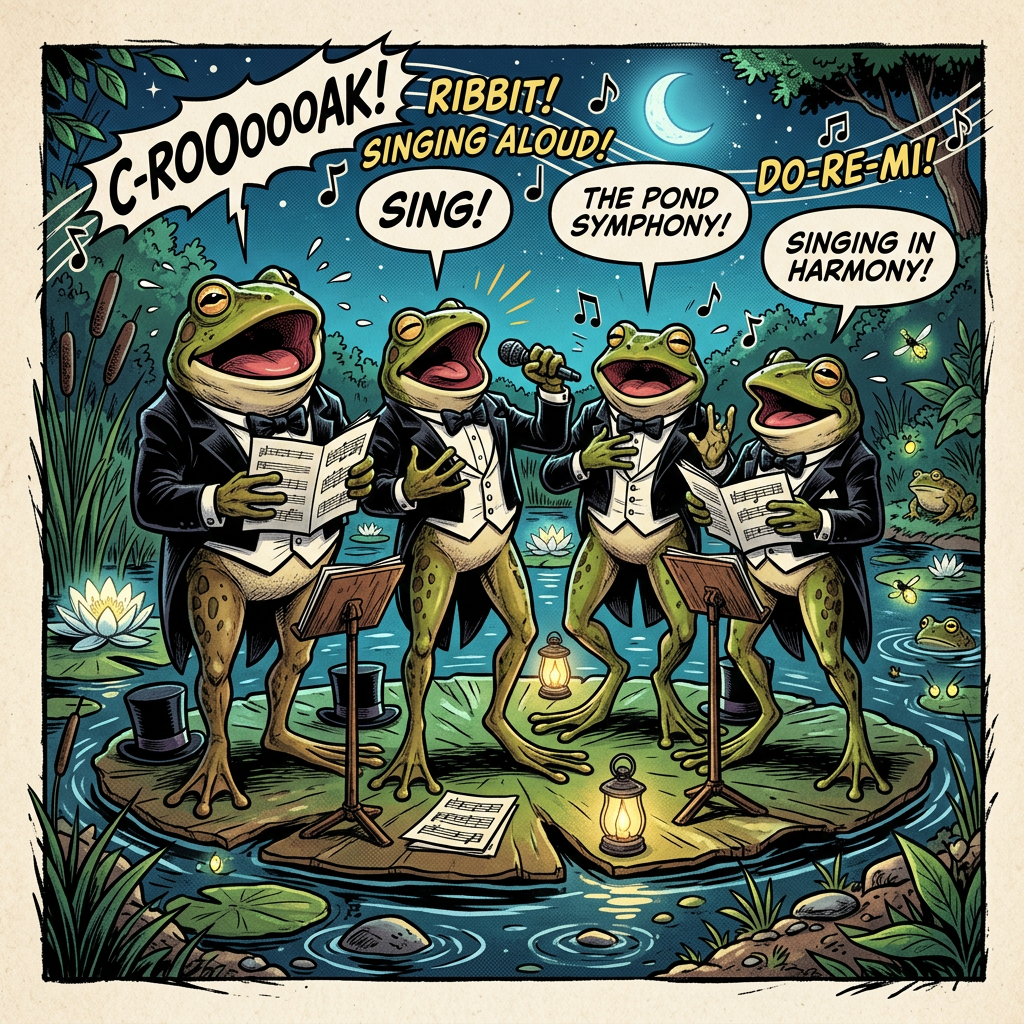 Bullfrog quartet in tails singing at pond