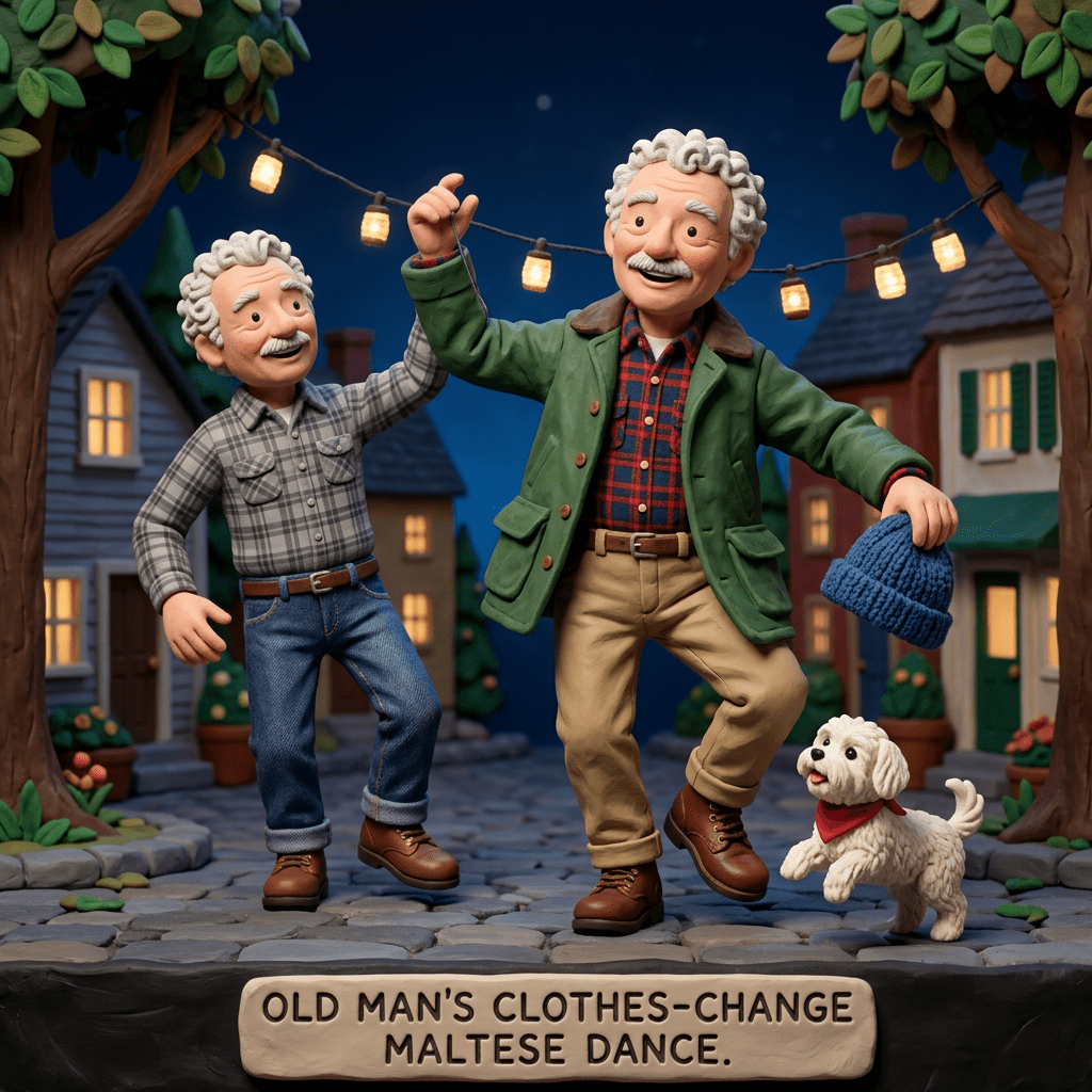 Old man changes into LL Bean clothes, dancing Maltese