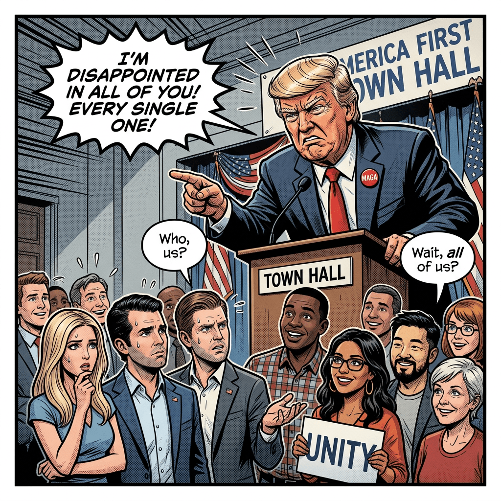 Trump scowling at his kids and diverse Americans