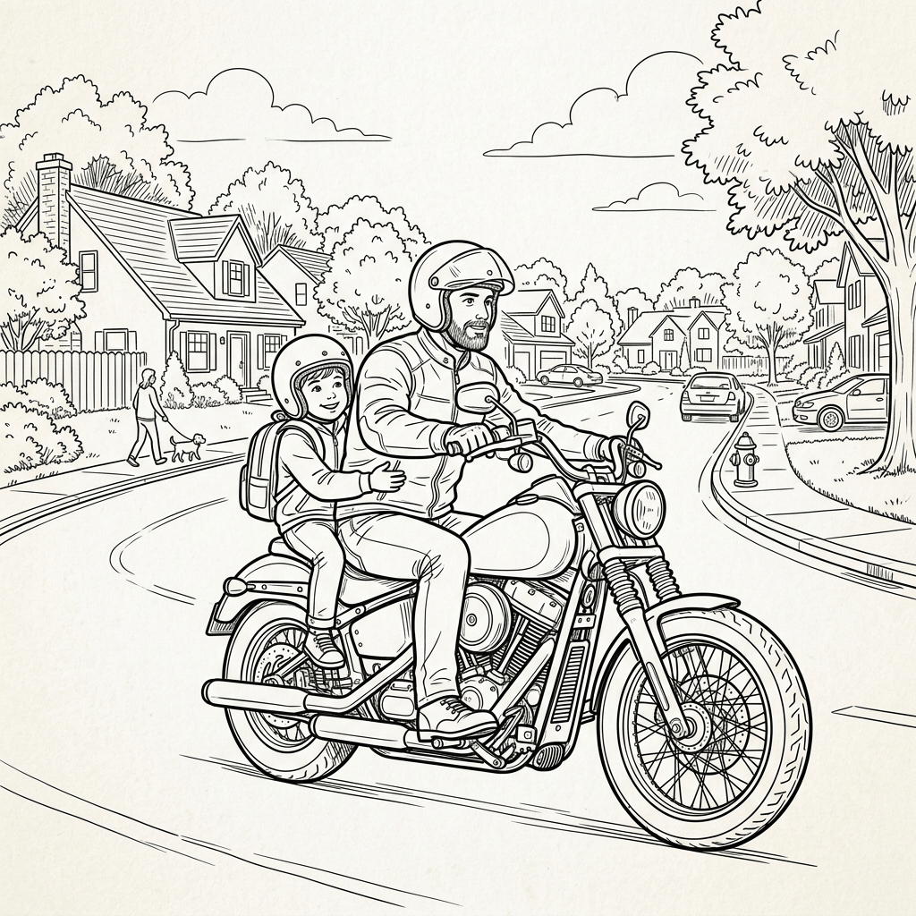 Father and child wearing helmets riding a motorcycle on a suburban street