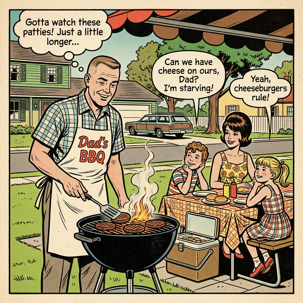 Dad grilling burgers on a BBQ while family sits at picnic table asking for cheeseburgers