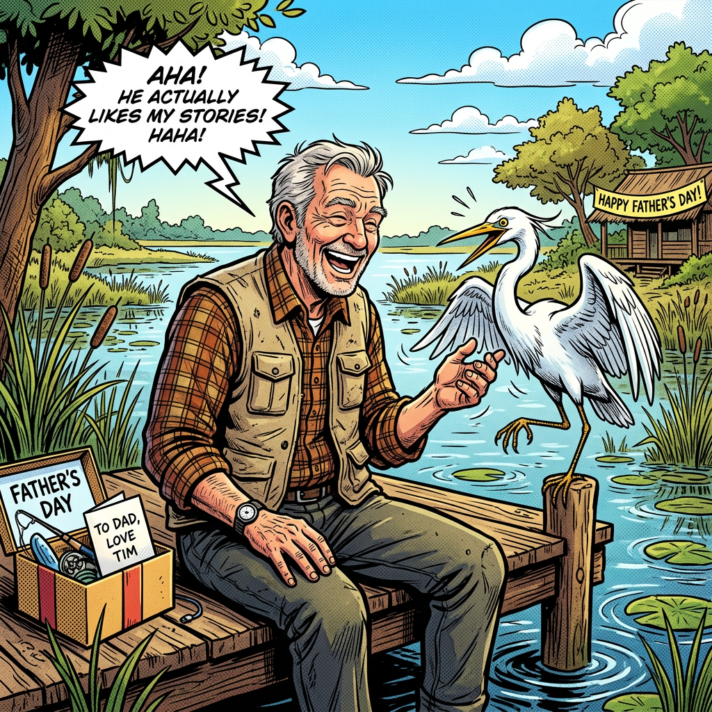 Old dad laughing with white heron, Father's Day