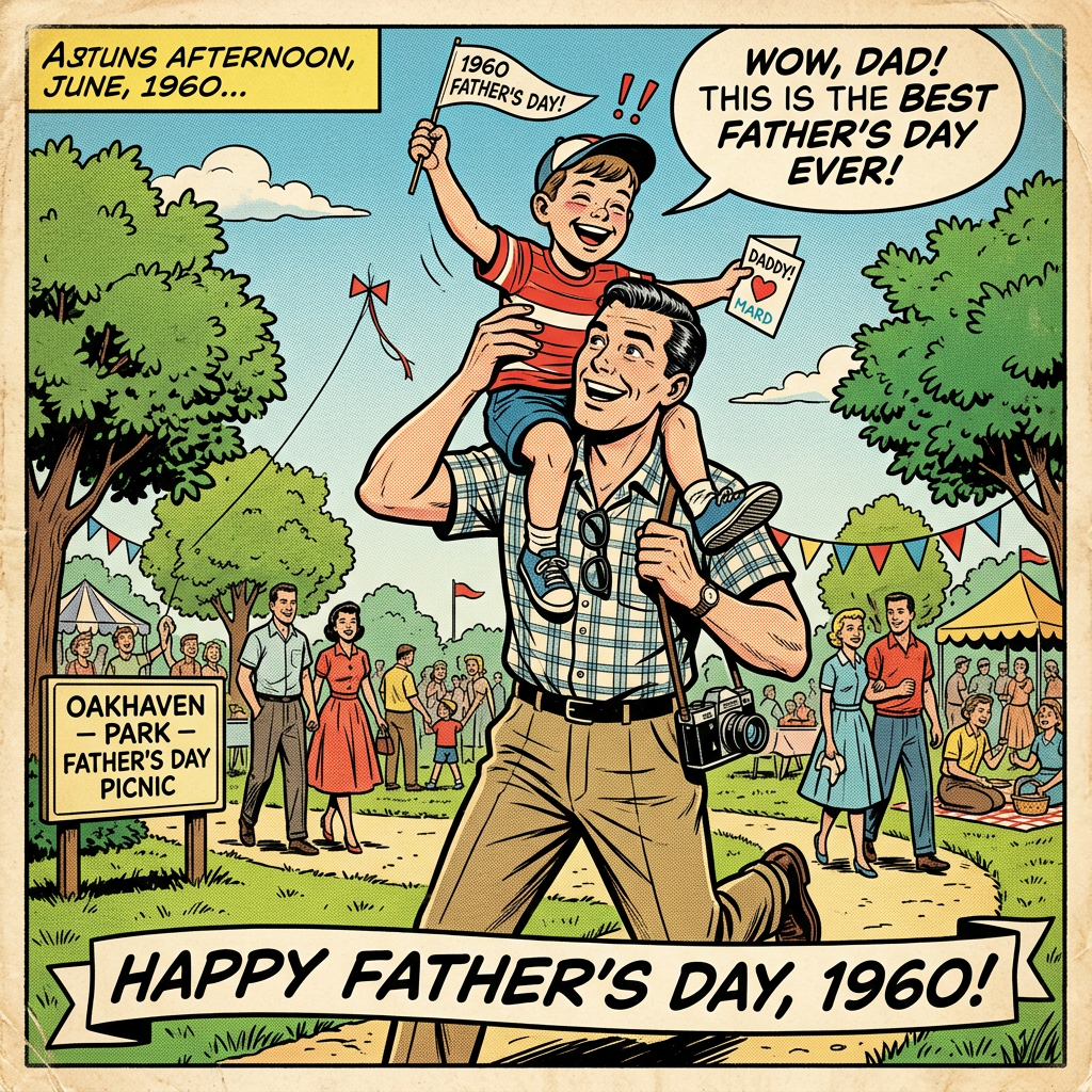 Father carrying son on shoulders holding Father's Day card and flag at park picnic