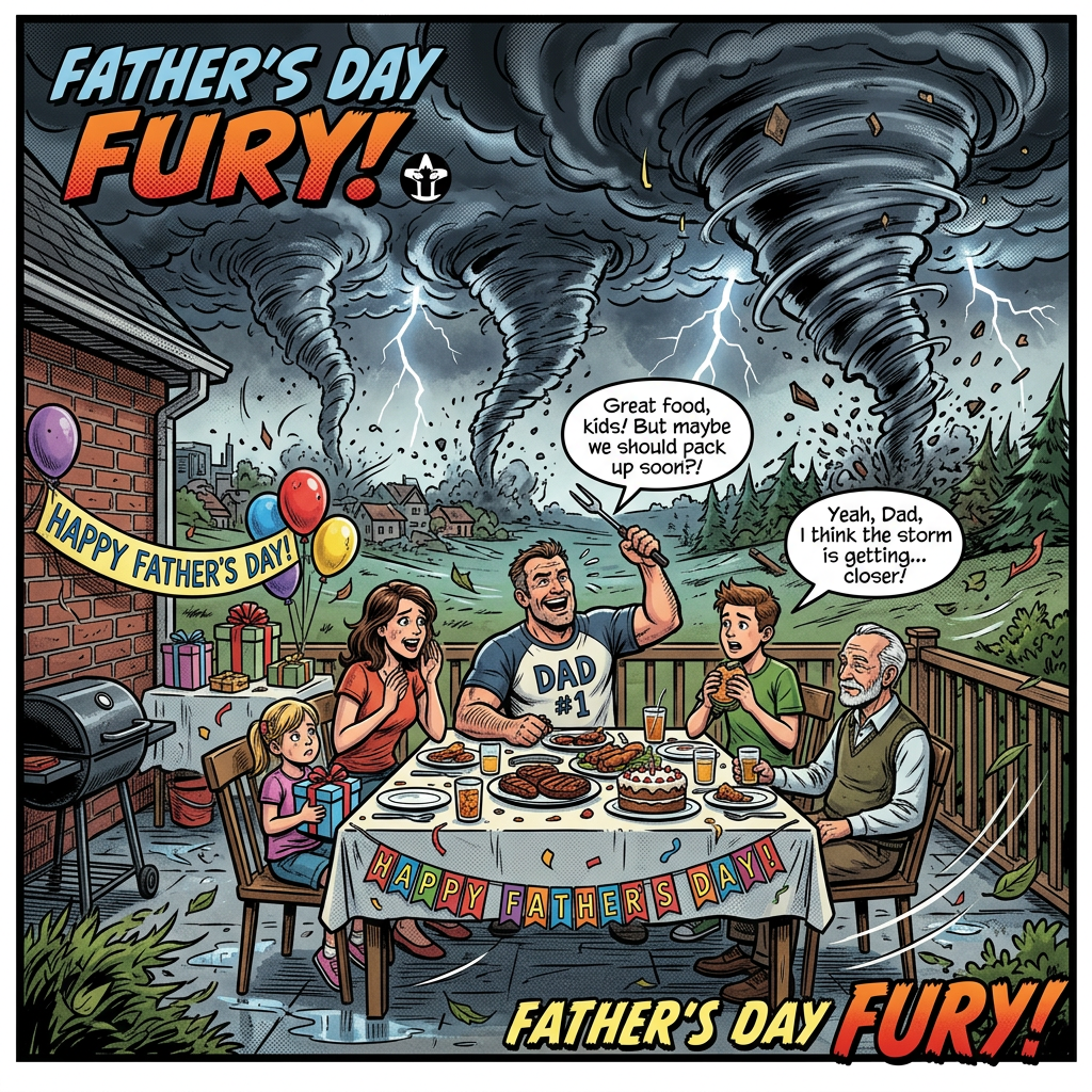 Family having Father's Day meal outside with multiple tornadoes approaching