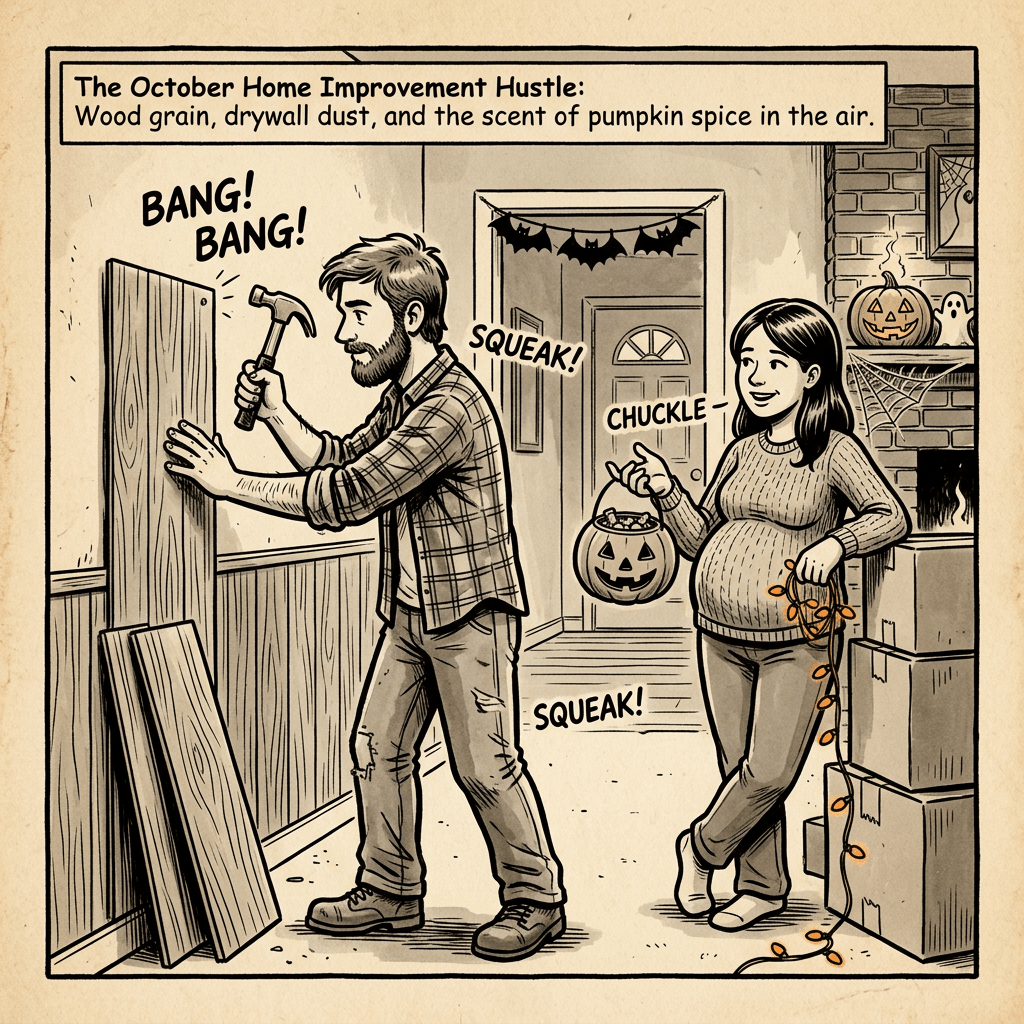 Couple working on home improvements and decorating for Halloween