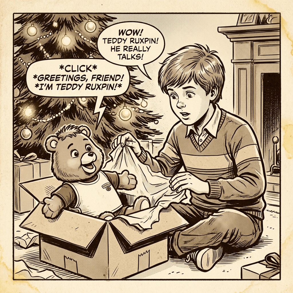 Boy unwrapping talking teddy bear toy near Christmas tree
