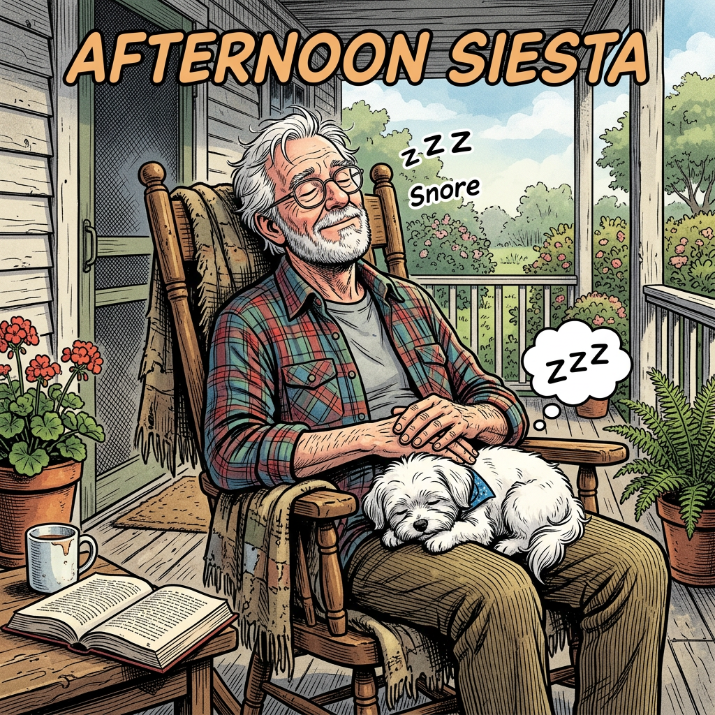 Old man napping with Maltese on porch