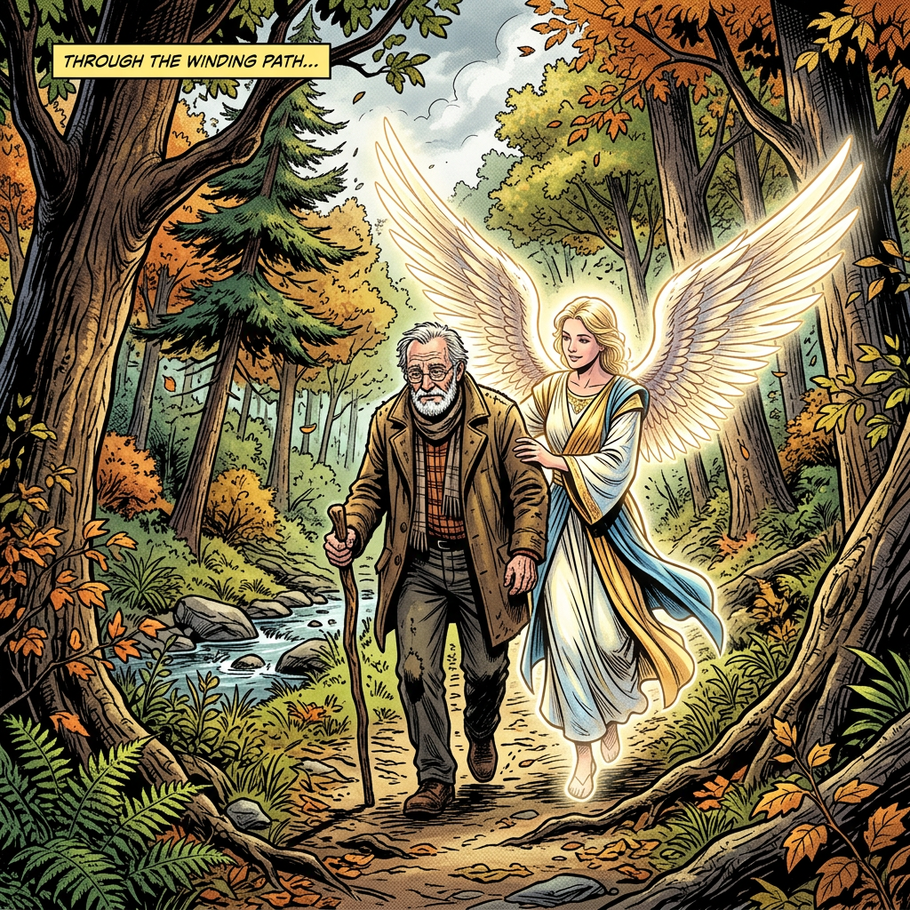 Elderly man with cane walking alongside a glowing angel with large wings in a forest