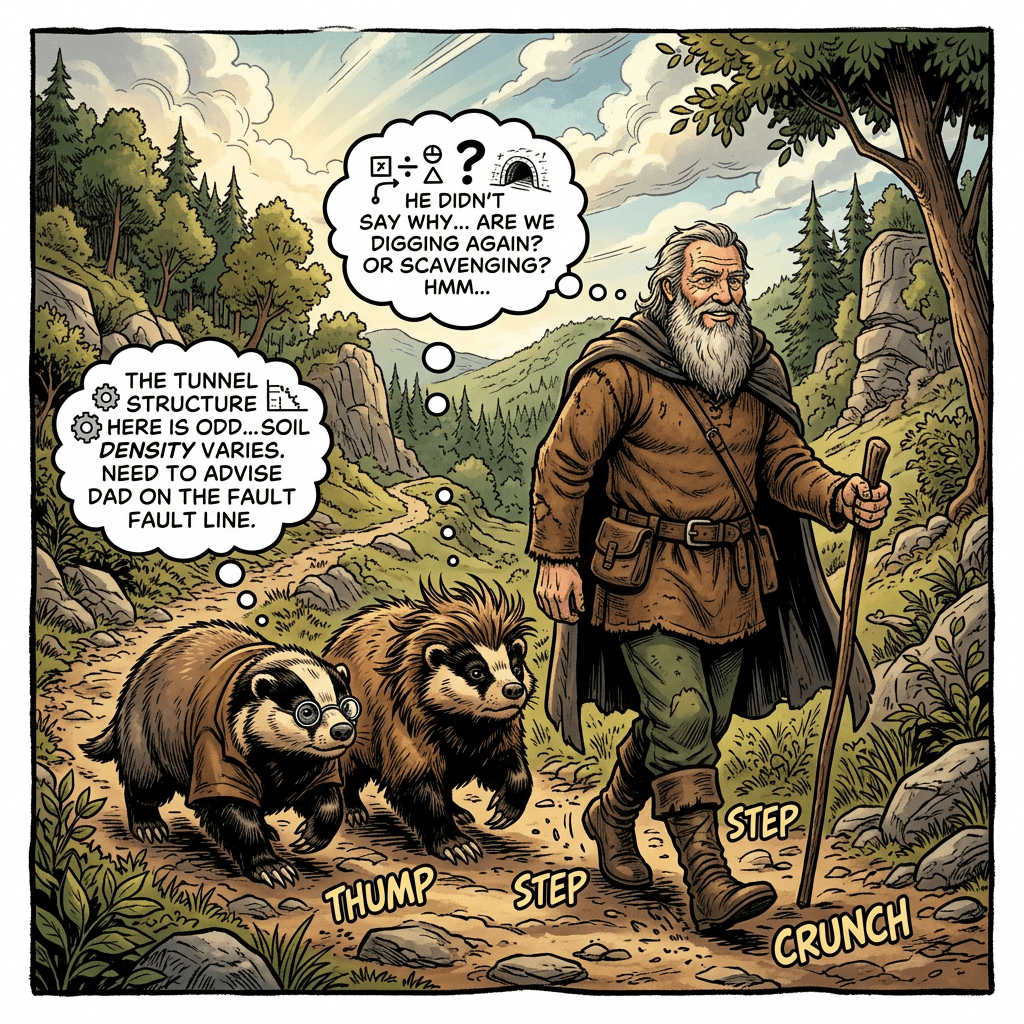 An elderly man walking with two badgers on a forest trail, both animals have thought bubbles discussing tunnel structure and digging activities.