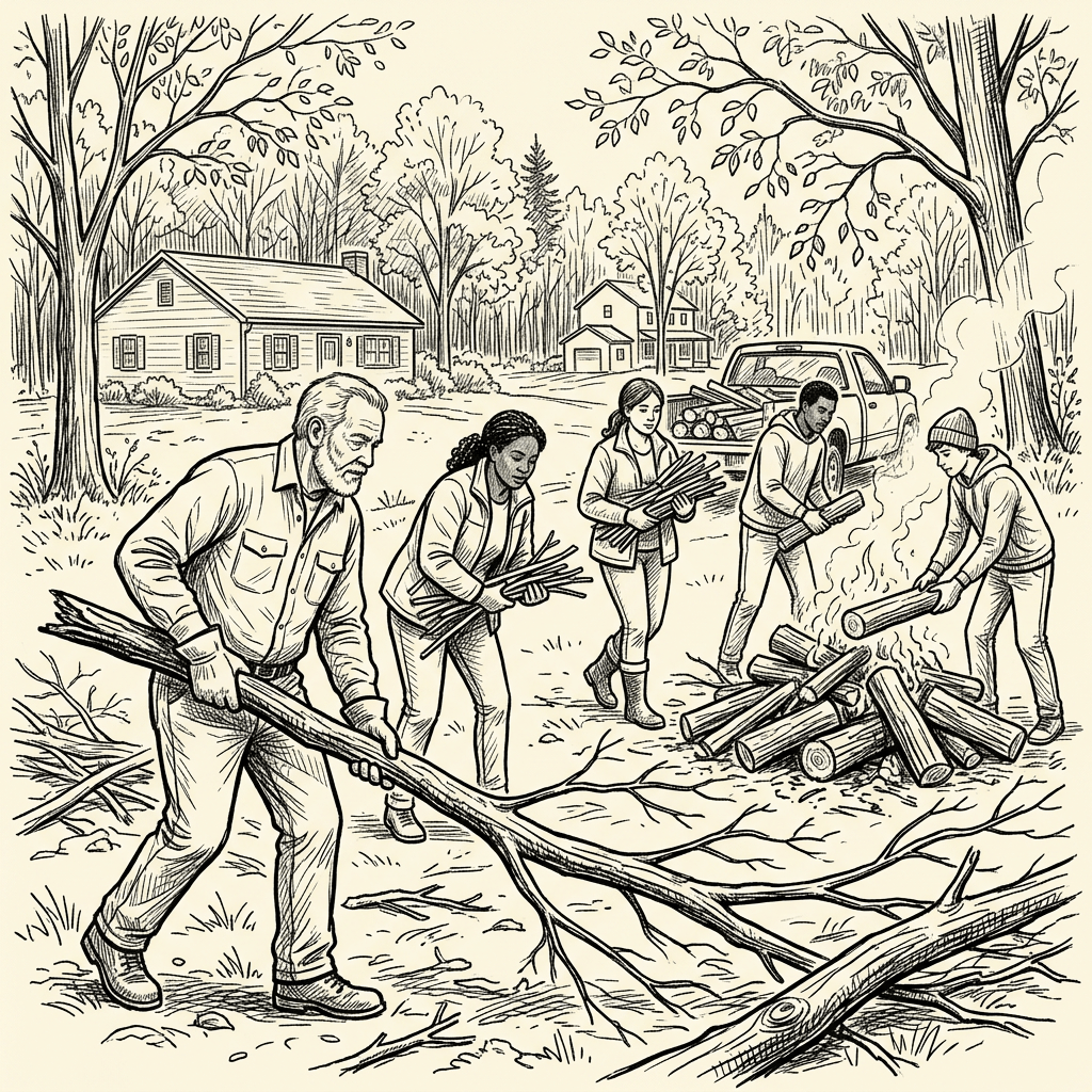 Neighbors gather fallen limbs to burn pile