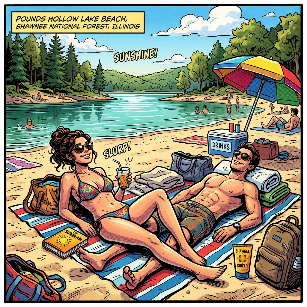 Couple sunbathing on a beach with lake and forest background, colorful umbrella, drinks, and beach bags