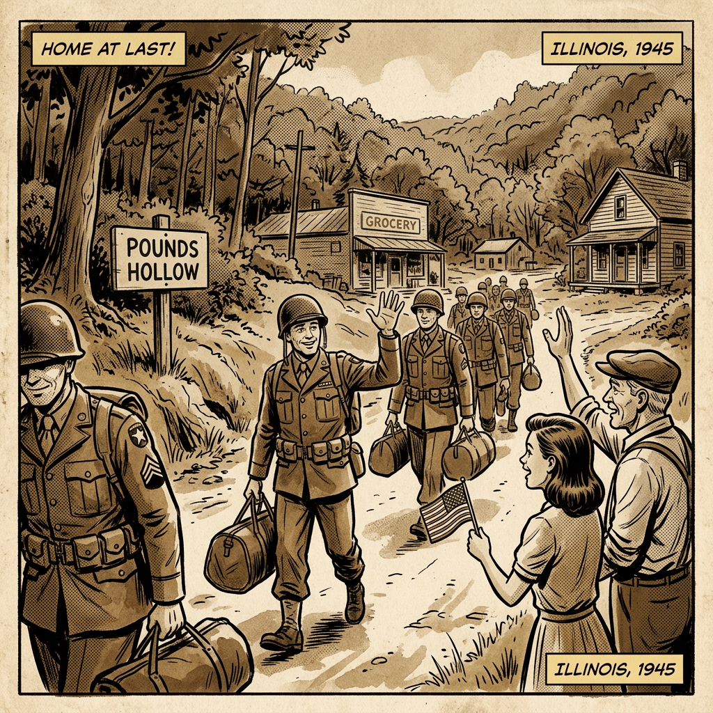 World War II soldiers marching into Pounds Hollow, Illinois in 1945, carrying bags and waving to people.