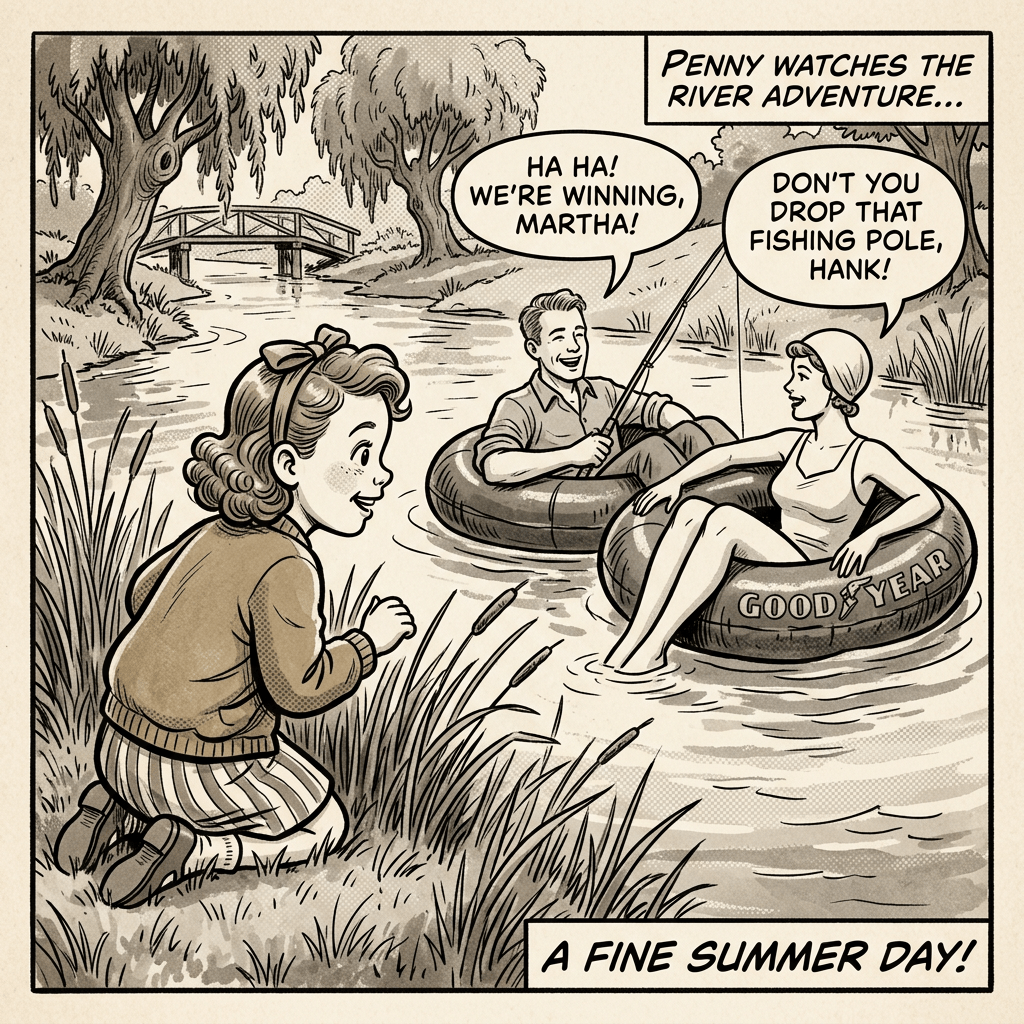 Three people enjoying tubing and fishing on a river with a bridge and trees in the background