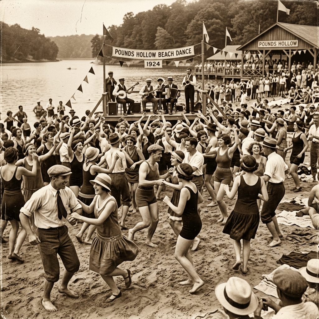 People dancing on the beach at Pounds Hollow with a live band on a platform and onlookers nearby in 1924
