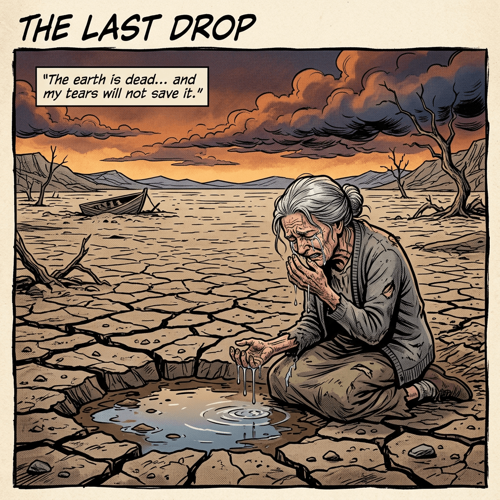 Dried lake, small puddle, elderly woman weeping