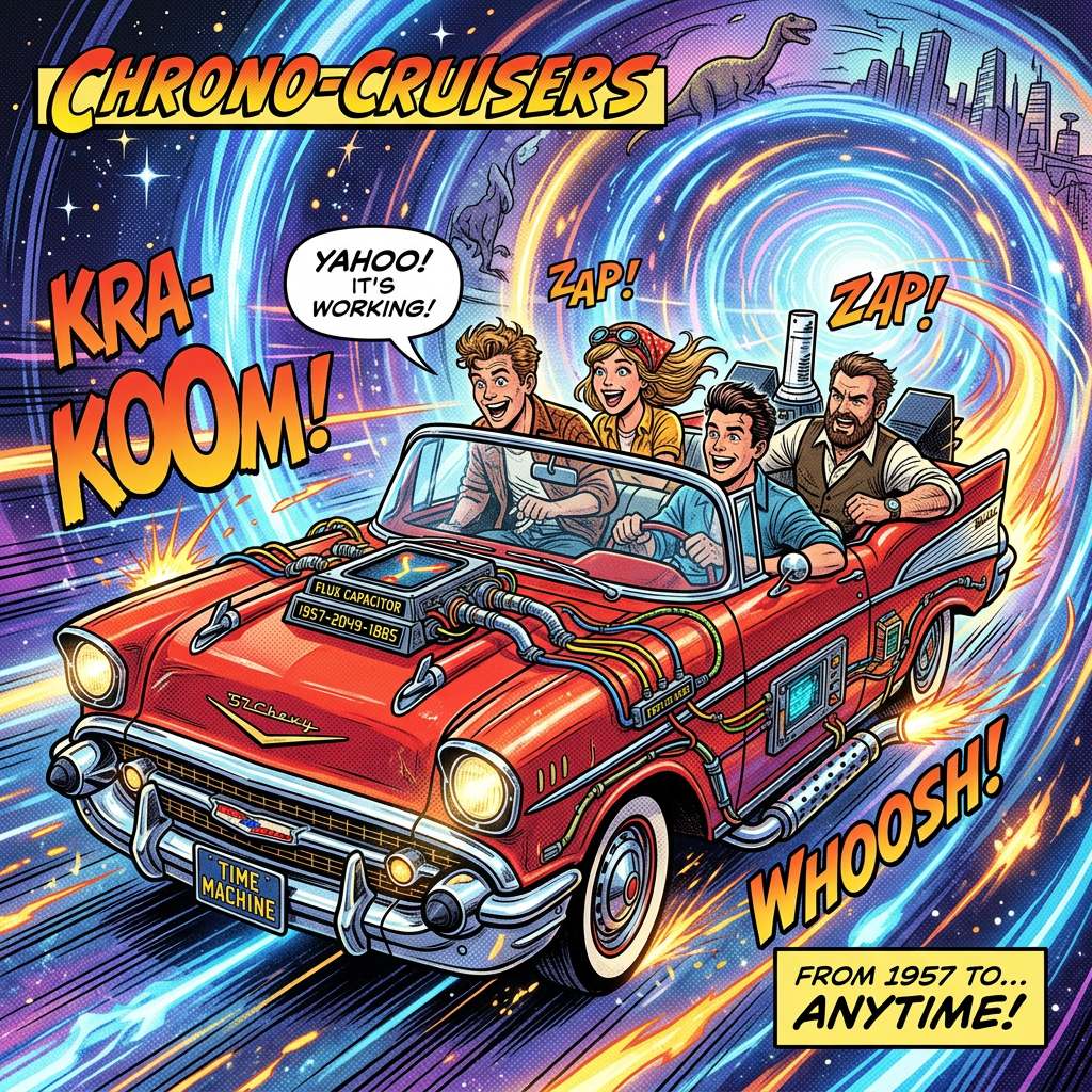 Red 1957 Chevy convertible with flux capacitor and four people time traveling through a vibrant cosmic vortex