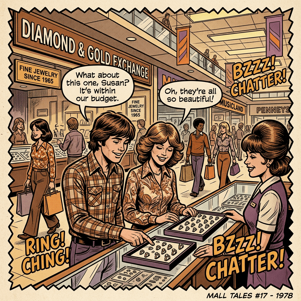 1978 couple buying wedding rings, busy mall