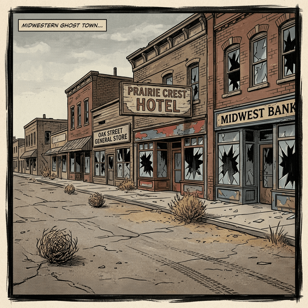 Deserted Midwest town, broken window panes