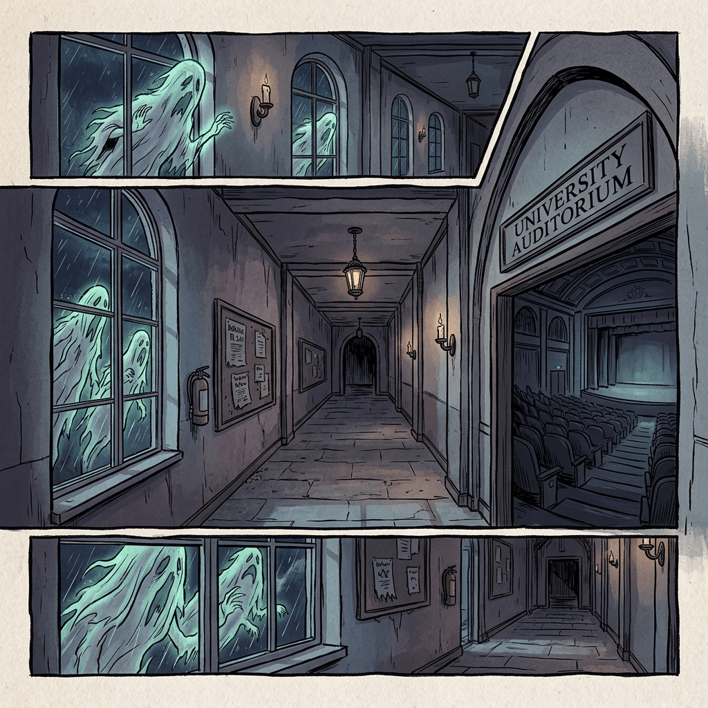 Ghosts outside rainy windows in a dim university hallway with a sign for the auditorium