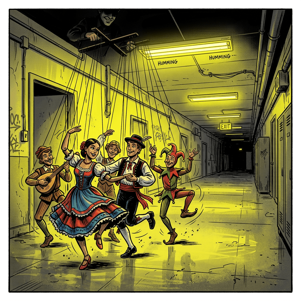 Marionettes dancing in yellow fluorescent empty halls
