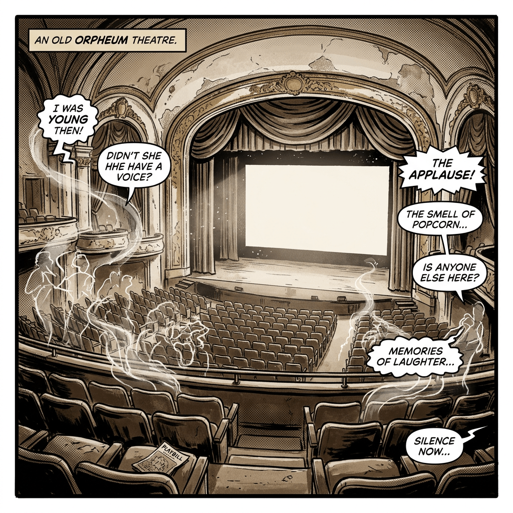 Empty Orpheum Theatre, blank screen, ghostly memories, sepia