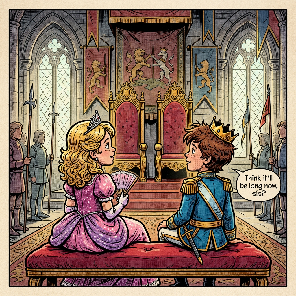 Young prince and princess sitting on a red bench in a throne room, prince speaking to sister
