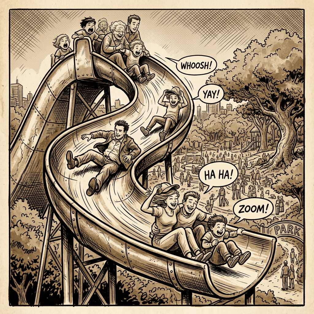 People of all ages sliding down a large curved metal slide in a busy park setting