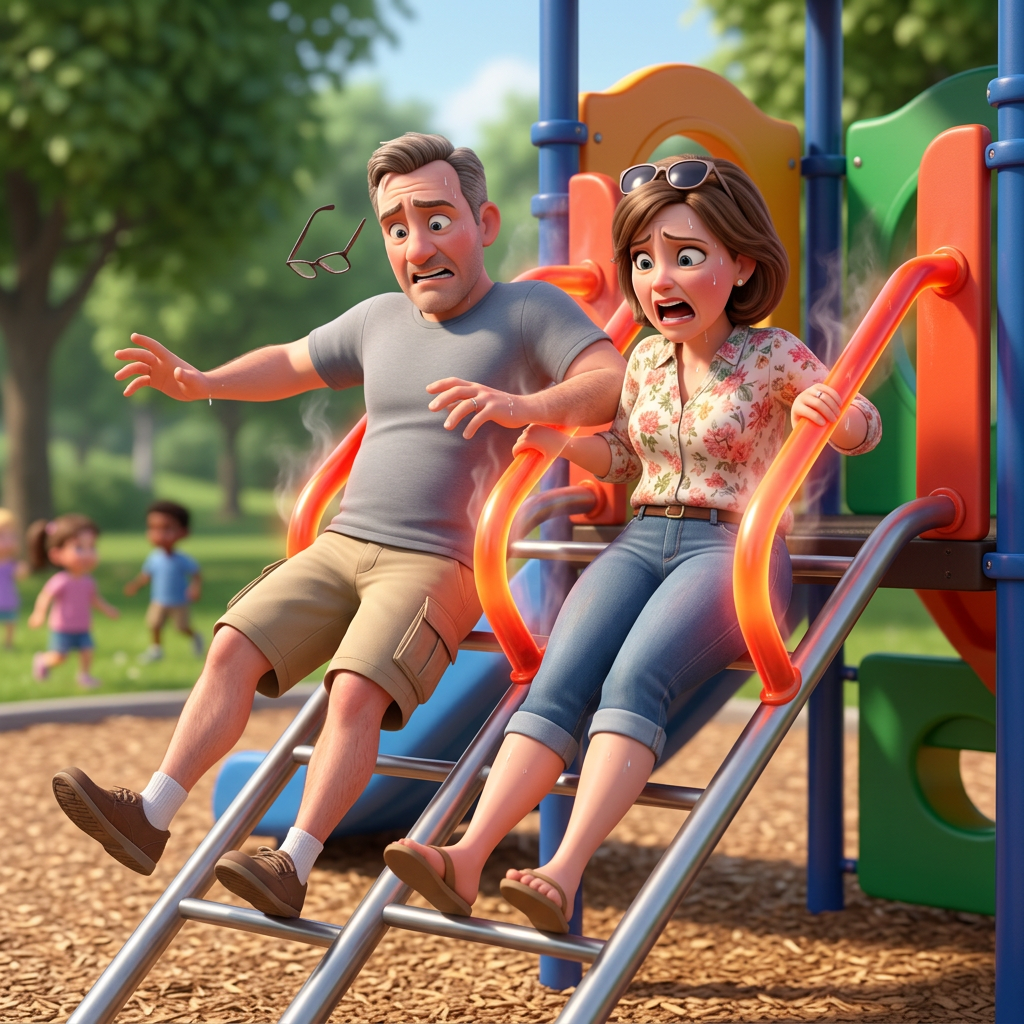Middle-aged couple slipping on hot slide handles